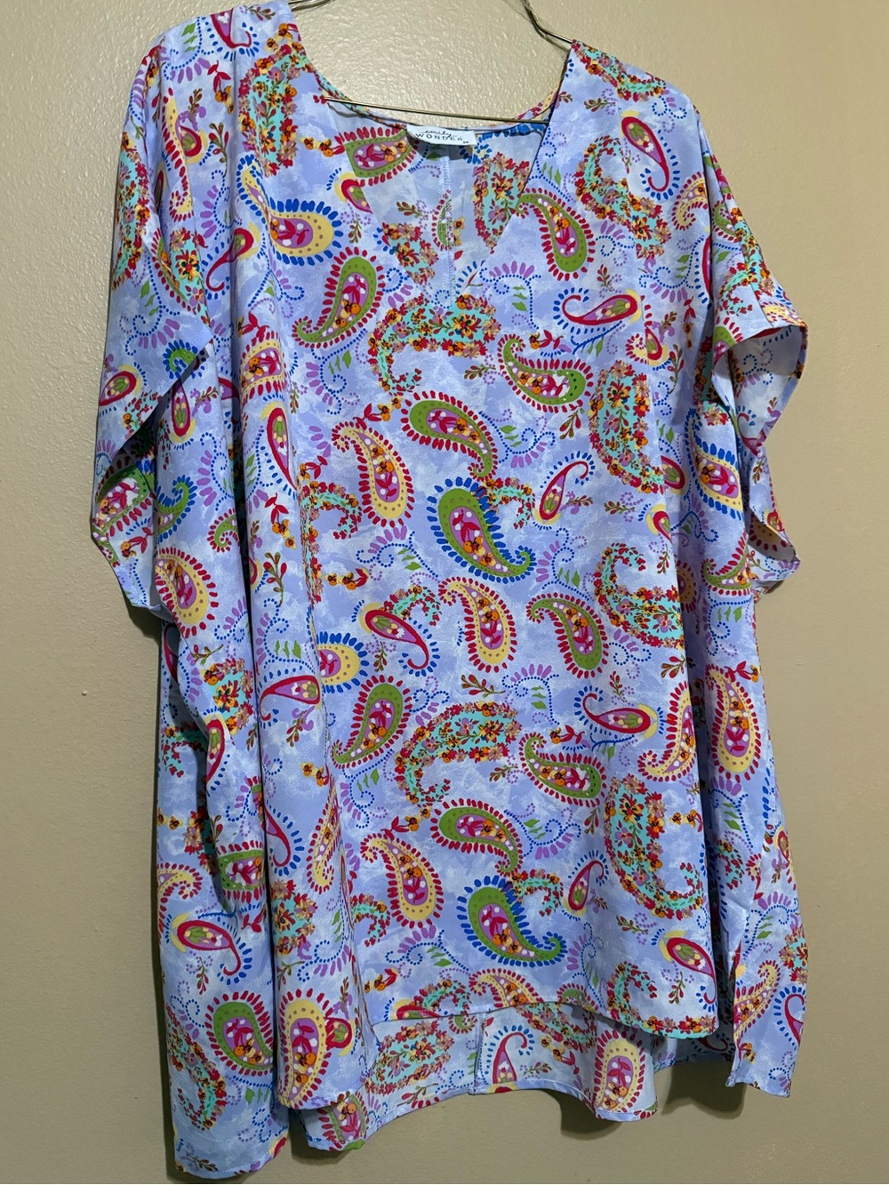 Light Blue Paisley V-Neck Tunic Top with Multicolor Accents